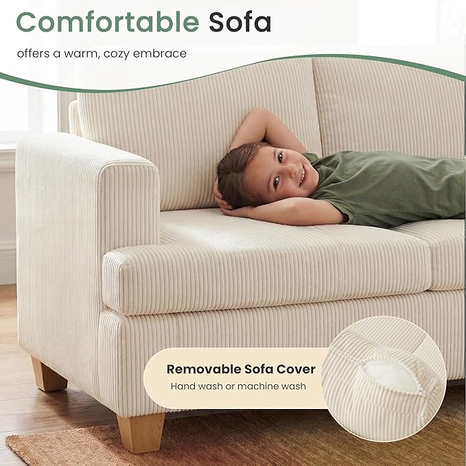 YOUDENOVA 3 Pieces Corduroy Couch Set for Living Room, 3 Seater*2 & Loveseat Cloud Sofa, Deep Seat Floor Couch for Bedroom, Futon Modern Sofa Bed, White Corduroy