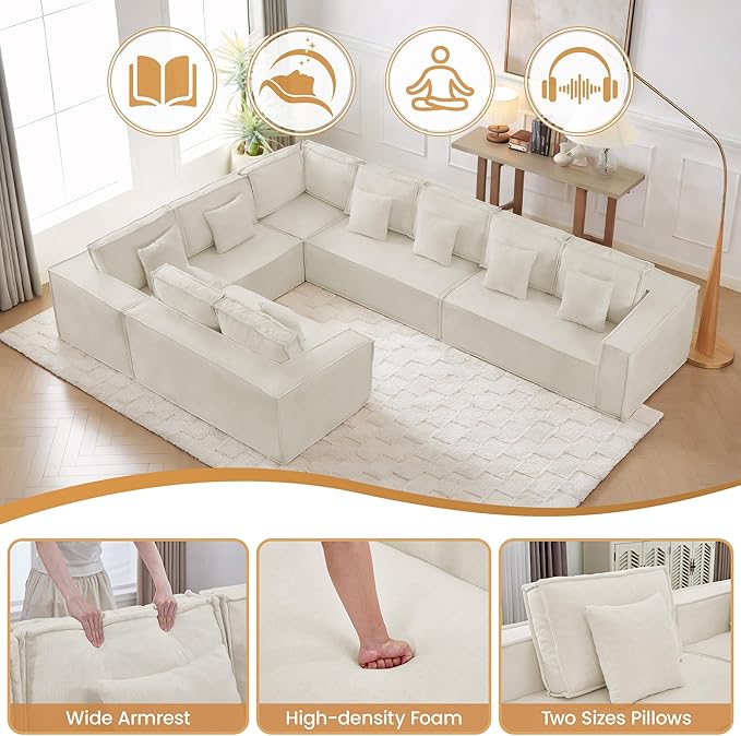 167'' Boneless Chenille U Shaped Couch, Oversized Modular Sectional 9 Seater Sofa, Modern Deep Seat Corner Cloud Compressed Couch, No Assembly Sleeper Sofa with Chaise for Living Room, Beige