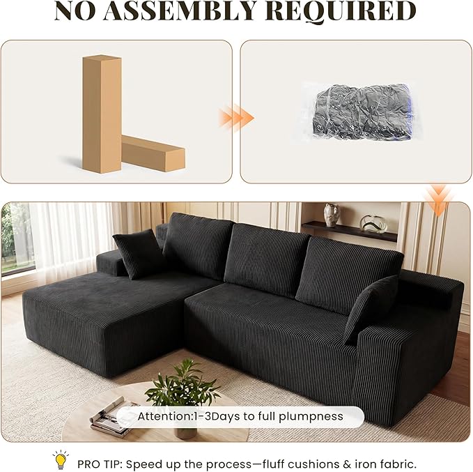 Cloud Sectional Boneless Couches for Living Room, Modular L Shaped Couch with Deep Seat Oversized Left Facing Chaise, Memory Foam Compressed Spineless 3 Seater Sofa for Apartment, Black | No Assembly Required, Deep Seat, Cat-Claw Resistant, High-Resili...