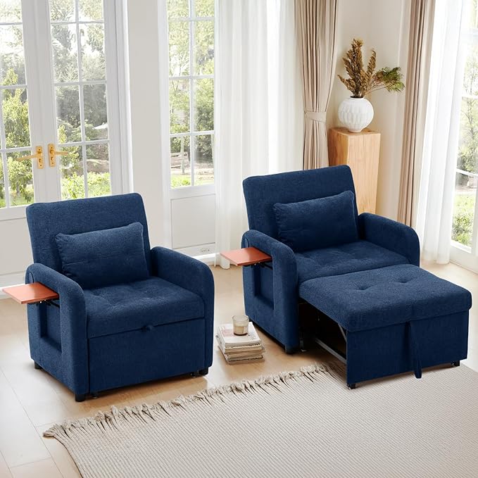 Convertible Sleeper Chair-Fabric Futon Sofa Bed, Single Sleeper Sofa, Small Couch Bed with USB Port, Foldable Table, Pillow, Adjustable Backrest for Dorm/Bedroom/College DarkBlue