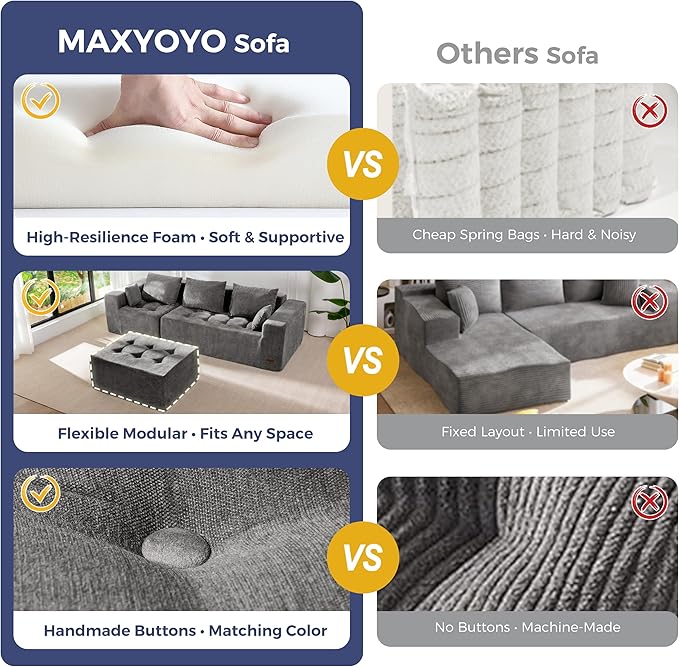 MAXYOYO Modular Sectional Sofa Couch, L Shaped Boneless Cloud Couch with Flexible Ottoman, Chenille Upholstered Living Room Sleeper Sofa Chair for Living Room, No Assembly Required, Light Grey