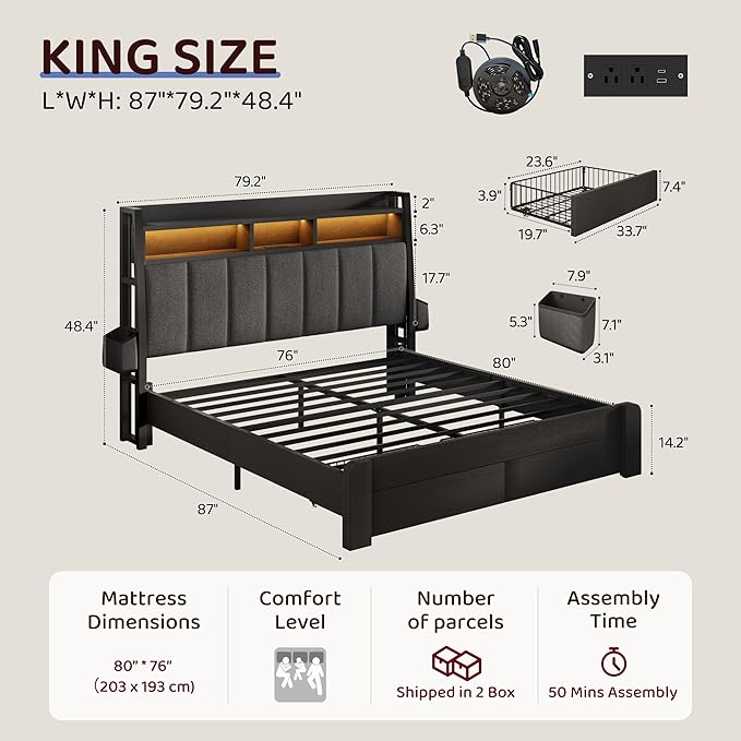BRELTAM King Size Bed Frame with 2 Storage Drawers, Wooden Upholstered Bed Frame with 2-Tier Storage Headboard Built in Charging Station & LED Light,Noise-Free/Metal Support/No Box Spring Needed,Black