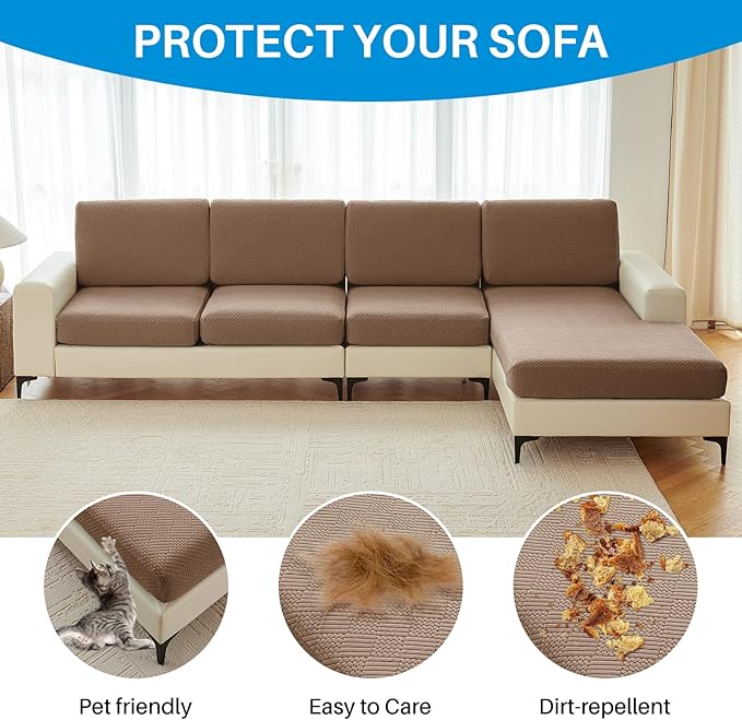 Deep Dream Sectional Couch Covers 8 Pieces, Stretch Couch Cushion Covers, L Shaped Washable Sofa Covers for Left/Right Sectional Sofa (4 Backrest Cover + 3 Seater + 1 Chaise, Brown)