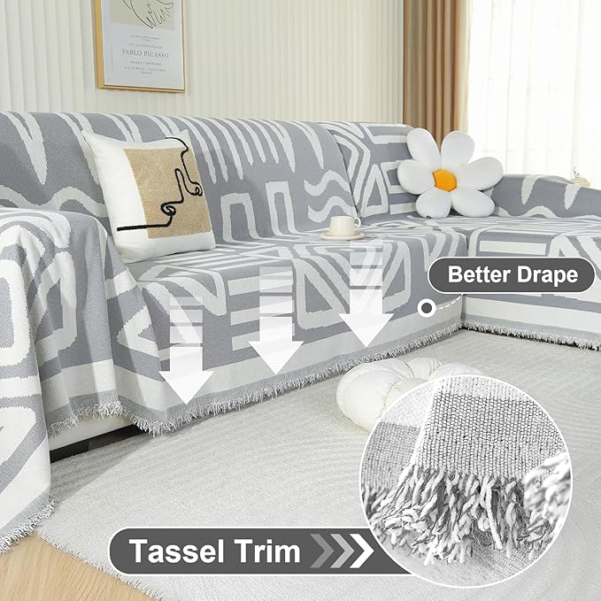 OstepDecor Boho Sectional Couch Covers 2 Pieces, L Shaped Sofa Cover, Chenille Couch Cover for Dogs Washable, Couch Cover Blanket, Sofa Slipcover for 2-3 Cushion Couch (71"x110"+71"x118", Gray)