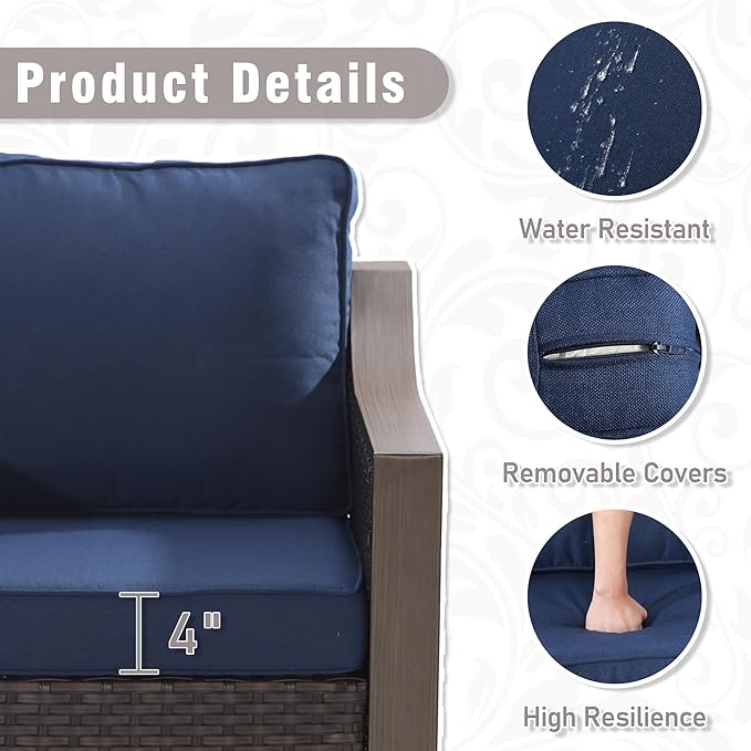 3 Piece Wicker Patio Conversation Set, All-Weather Use Outdoor Wicker Sofa with 2 PE Rattan Chair, Removable Water-Resistant Cushion, Ideal for Porch, Backyard, Balcony, Poolside, Blue