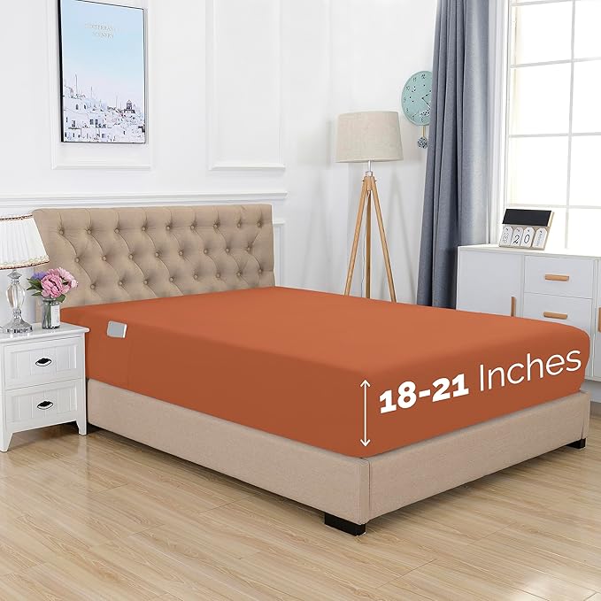 Elegant Comfort 1500 Premium Hotel Quality 18-21 Inches Deep - Extra Deep Pocket Single Fitted Sheet for High Mattress, Luxury and Softest, Smart Pocket - Wrinkle Free, Queen, Coral