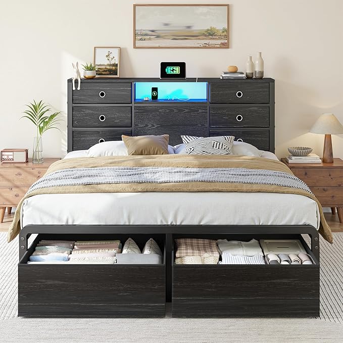Homkdom Queen Size Bed Frame with 8 Fabric Storage Drawers, LED Lights & Charging Station, Metal Platform Bed Frame with Headboard Storage,No-Noise,Easy Assembly,Black