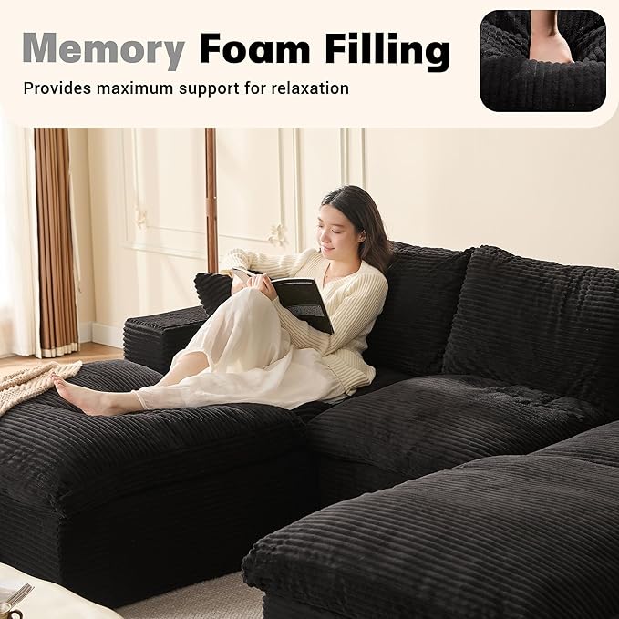 106.3” Sectional Couches for Living Room, Set of Cloud Couch, Modular Sectional Sofa, Convertible Sofas Bed, Deep Seat Sofa, U Shaped Cozy Sofa Furniture Set, Corduroy, Black