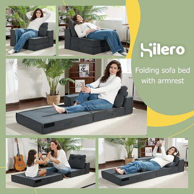 Folding Sofa Bed, 4 in 1 Convertible Sleeper Chair with Pillow, Standard Memory Foam Fold Out Chair Bed, Modern Floor Futon Sofa Couch Mattress for Living Room/Guest/Apartment, Black Grey | Compression sofa bed, L shaped armrest, Sturdy backrest, Large...