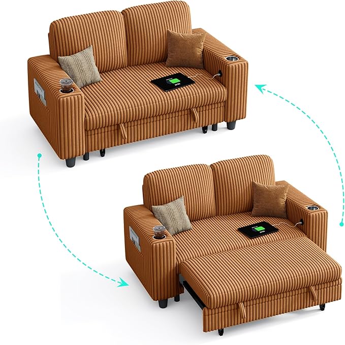 LINSY HOME Sectional Sleeper Sofa Pull Out Couches for Living Room (Brown, Pull Out Couch) | Pull Out Sofa Bed, Storage, USB Charging, Cup Holders, Plush Corduroy