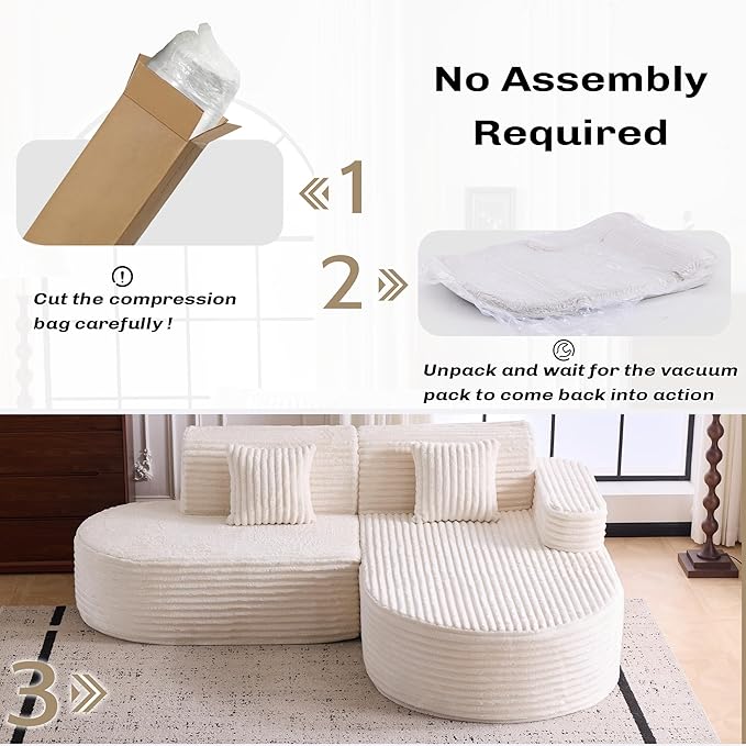Modern Curved Boneless Sofa Couch, L-Shaped Corner Sofa, Corduroy Upholstered Cloud Sectional Couch for Living Room, Bedroom and Apartment,No Assembly Needed(Beige, Right Hand Facing)