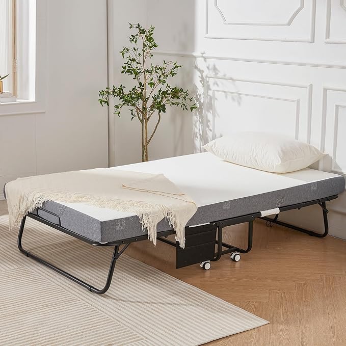 MELLCOM Large 75" x 46"Folding Bed with Mattress,Foldable Rollaway Bed with Mattress for Adults, 5 Inch Memory Foam Mattress,Portable Beds with Metal Frame&Side Pocket