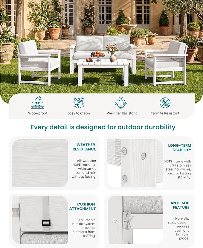 SERWALL HDPE Outdoor Loveseat with Cushions, All Weather Use Outdoor Loveseat Sofa, White Frame/Khaki Cushion
