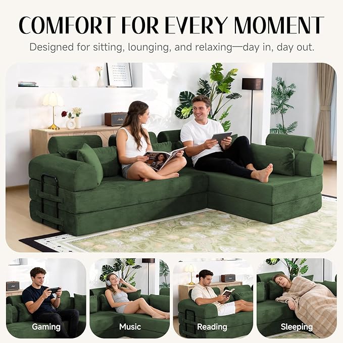 106" L-Shaped Modular Boneless Couch, 2-Piece System (2×70.87"), Convertible Sectional to 141.7" Straight Sofa, Corduroy Couch in a Box, Headrest & Back Pillows for Living Room, Forest Green