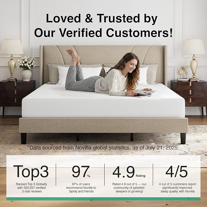 Novilla King Bed Frame, King Bed Frame with Headboard, Linen Upholstered Wing Side Headboard, No Box Spring Needed, Heavy Duty Feet, Easy Assembly, Beige