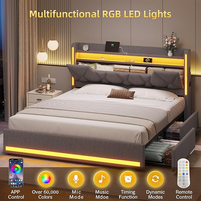busyaeh Queen Size Bed Frame with 4 Drawers,Light up Bed Frame with Headboard and Storage, Metal Queen Platform Storage Queen Bed with Charging Station, No Box Springs Needed, Easy Assembly,Dark Gray