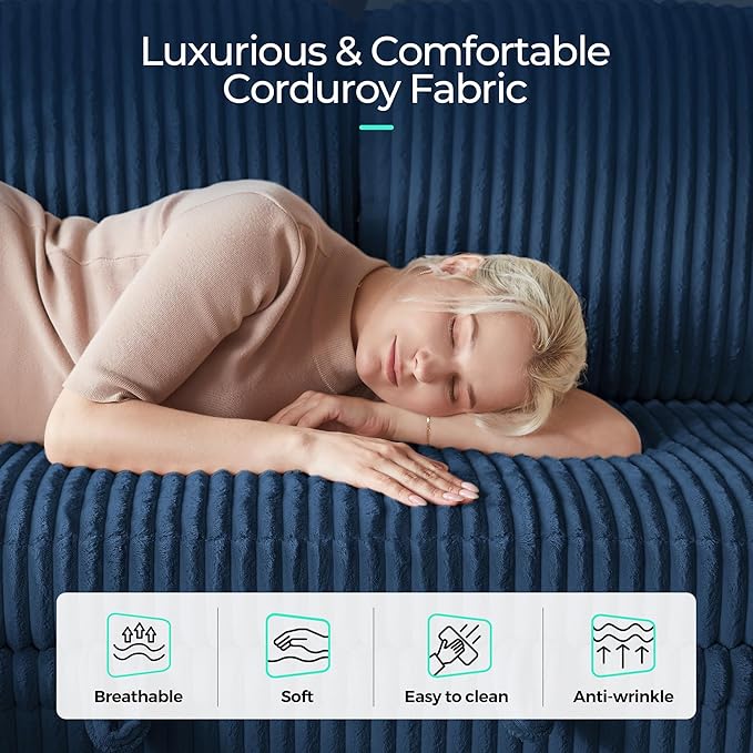 LINSY HOME Sectional Sleeper Sofa Pull Out Couches for Living Room (Blue, Sleeper Sofa 3) | Pull Out Sofa Bed, Storage, USB Charging, Cup Holders, Plush Corduroy