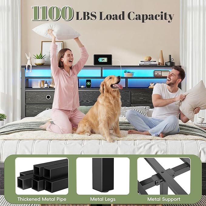 Homkdom King Size Bed Frame with 2-Tier Storage Headboard and 4 Drawers,King Bed Frame with LED Light & Charging Ports,Metal Platform Bed Frame,1100LB-Heavy Duty for Apartment,Guest Room,Modern Black
