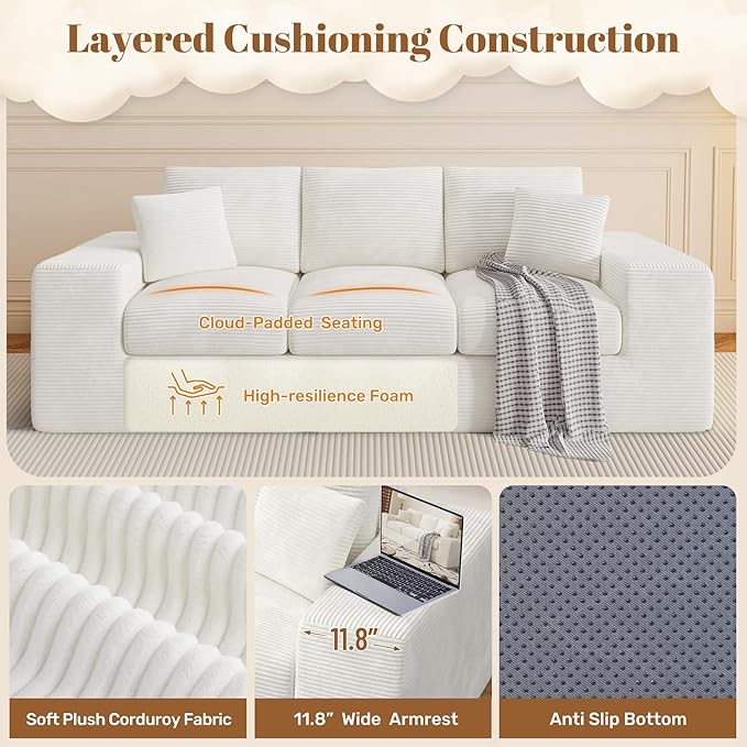 91.7" Boneless Sofa Couch with Layered Cushion,3 Seater Cloud Couch with Deep Seat,Upholstered Corduroy Floor Sofa with Removable Cover &Throw Pillows for Living Room,No Assembly, Beige