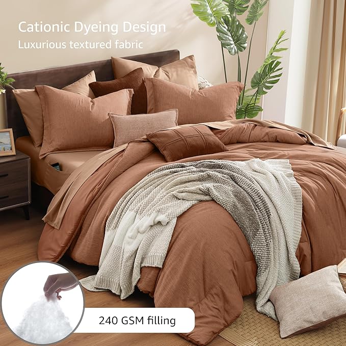 Monbix Oversized King Comforter Set - 7 Pieces Cationic Dyeing Autumn Leaf Bed in a Bag Bed Sets with Comforter, Sheets, Pillowcases & Shams, Reversible Bedding Comforters Sets (120 * 98)