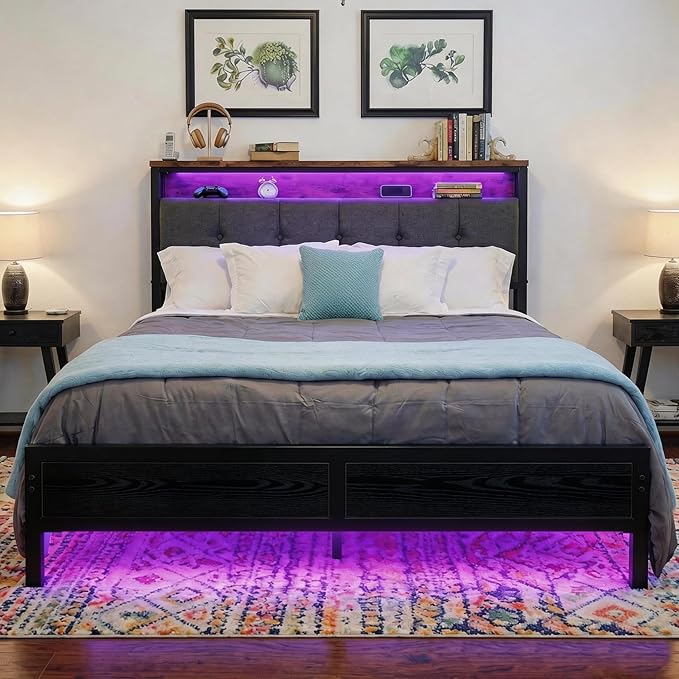 Homkdom Queen Bed Frame with LED Lights Grey Upholstered Headboard with Charging Station, Type C& 2-Tier Storage Shelves,Metal Platform Bed with 12" Under-Bed Storage, Noise-Free, Black