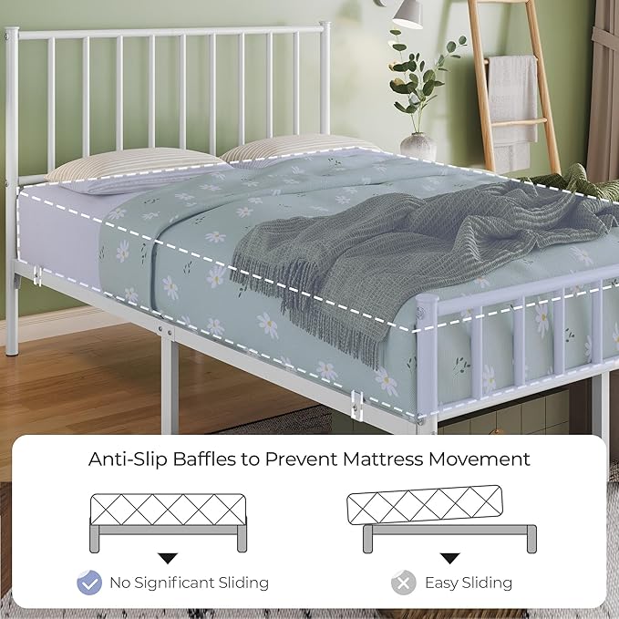 Yaheetech 14 Inch Full Size Bed Frame Metal Platform Bed with Spindle Headboard Footboard/Mattress Foundation/No Box Spring Needed/Underbed Storage Space/Steel Slat Support/Easy Set up, White