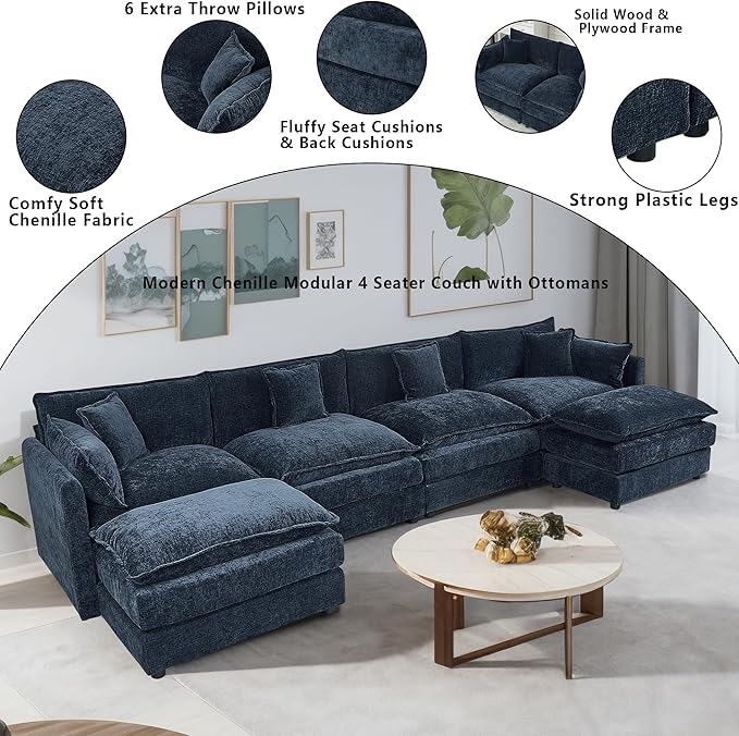 Setawix Deep 4 Seater Couch with Ottomans,147.22" U-Shaped Cloud Couches for Living Room,Chenille Cloud Sofa Couch with Foorest,Modular Sectional U Shape 4 Seat Sofa for Bedroom (Blue, 4+2)