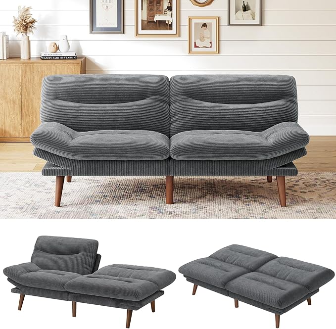 Marsail 75" Futon Sofa Bed, Convertible Corduroy Futon Couch with Adjustable Backrest & Armrests, Small Sleeper Sofa Loveseat for Living Room, Apartment, Office, Grey