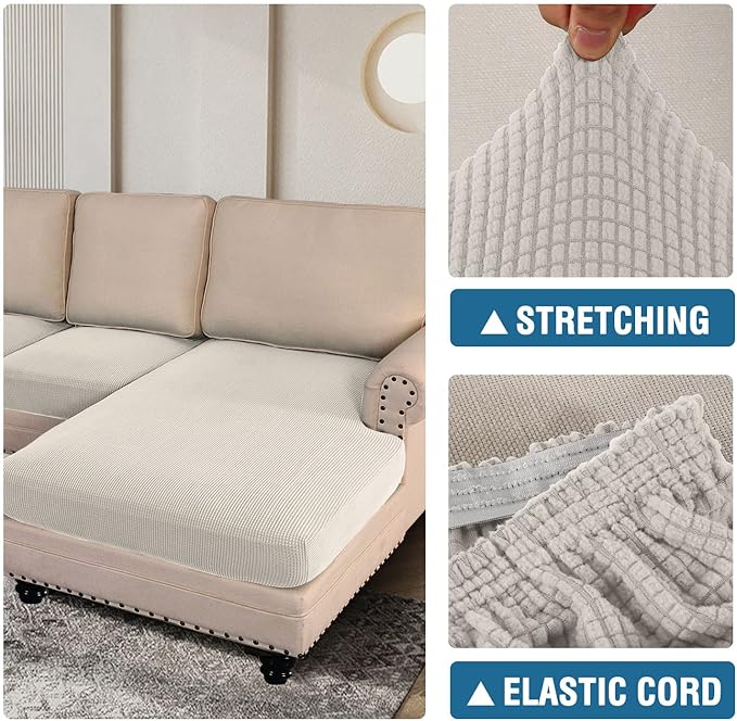 H.VERSAILTEX Sectional Couch Covers 3 Pieces Sofa Seat Cushion Covers L Shape Separate Cushion Couch Chaise Cover for Both Left/Right Sectional Couch (Seat Only: 1 Chaise + 2 Sofa, Ivory)