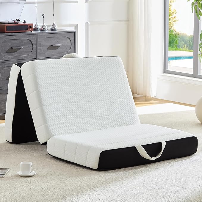 ROXGOX Foldable Mattress, Queen Tri-Fold Memory Foam Mattress Topper with Washable Cover, Handle & Non-Slip Bottom, 4 Inch Portable Folding Bed for Guest, Yoga, Living Room, Camping - 78"x58"x4"