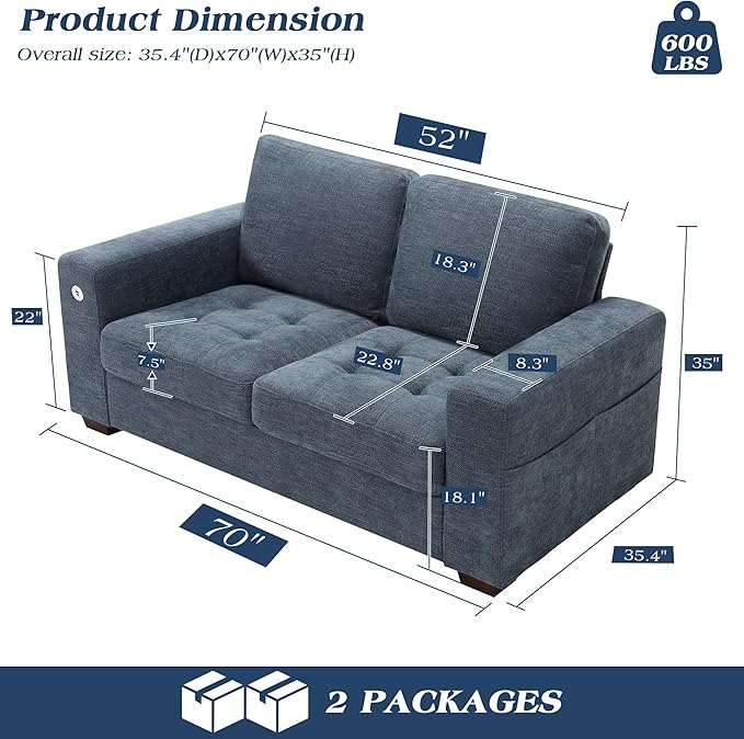 WorthFurni Sofas for Living Room, Chenille Loveseat Couch Set, Small Sofa, 3 Seater Sofa, USB Charging, Removable Sofa Cover,Solid Wood Frame, Easy to Install(70inch,Blue)
