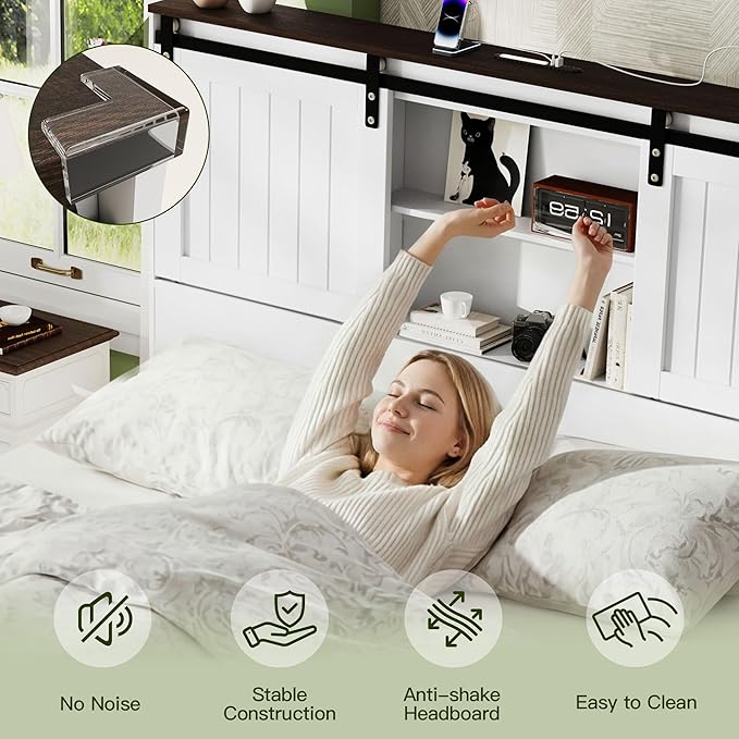 Queen Size Bed Frame with Storage, Sliding Barn Door, Farmhouse Wood Platform Bed with Reading Light and Charging Station, Wood Slats Support, Easy Assembly, Noise-Free, Antique White
