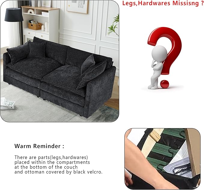 Setawix Chenille Loveseat Sofa Couch with Deep Seat,Large 2 Seater Cloud Couches for Living Room,77.16" Roomy Cloud Sofas,Modular Sectional 2 Seat Sofa with Pillows for Bedroom. (Black, 2 Seater)
