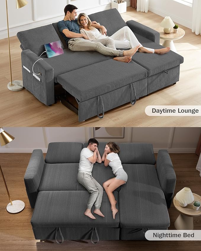 Vipbear 80" Sectional Sleeper Sofa Bed with Pull Out Bed, L Shaped Couch Pull Out Couch with Reclining Backrest, Reversible Storage Chaise, USB Ports, Tool-Free Assembly, Corduroy Dark Grey