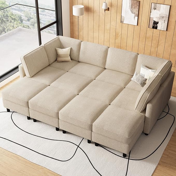 Belffin 110.2" 12 Seats Modular Sectional Sofa Sleeper Sofa Big Washable Sectional Couches for Living Room Comfy Couches with Storage Seat Couch Sofas with Chaise,Beige