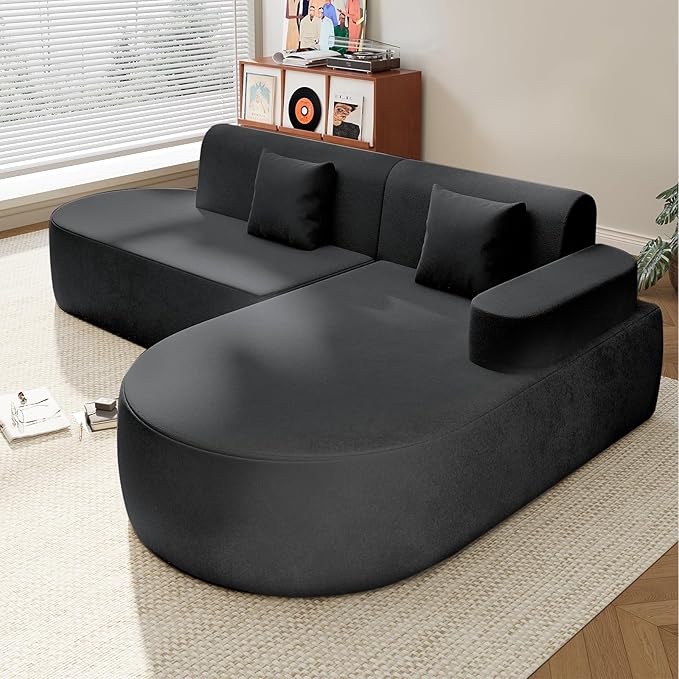 Modern Curved Boneless Sofa Couch, L-Shaped Corner Sofa, Chenille Upholstered Cloud Sectional Couch for Living Room, Bedroom and Apartment,No Assembly Needed(Black, Right Hand Facing)