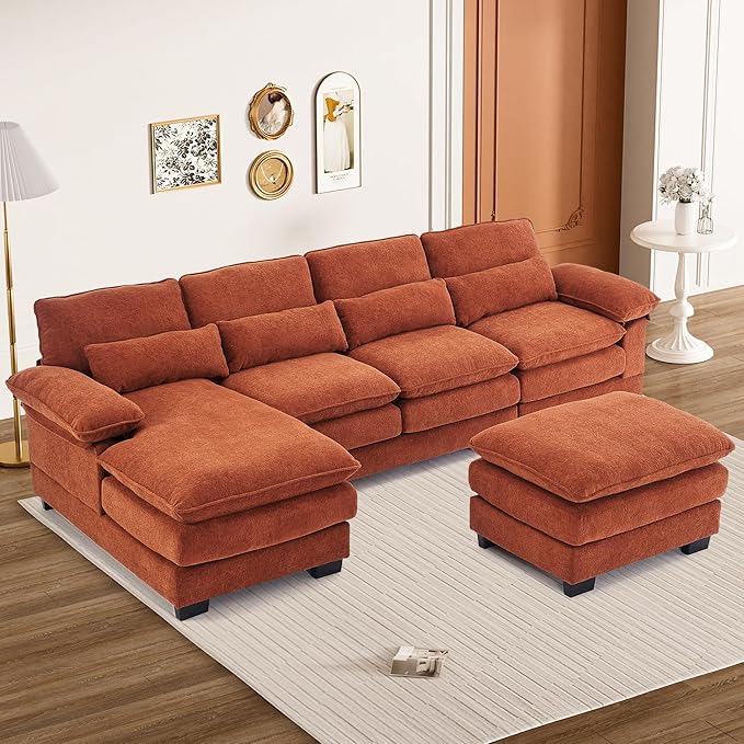 113" Cloud Couch Sectional Modular Sofa U Shaped Sectional Couches for Living Room Comfy 5-Seater Deep Seat Couch Chenille Cloud Sectional Sofa with Movable Ottoman & 4 Pillows, Orange