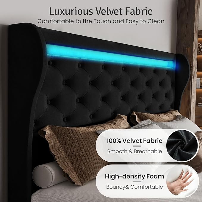 Belffin Queen Size Bed Frame with Headboard,50" Tall Headboard Upholstered Velvet Platform Bed with LED Lights & 2 USB Port/1 Type C Port, Button Tufted, No Box Spring Needed,Noise Free,Black