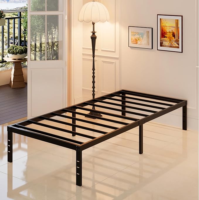Maenizi Heavy Duty Twin Bed Frame No Box Spring Needed, 14 Inch Metal Platform Bed Frame Twin Support Up to 2500 lbs, Easy Assembly, Noise Free, Black