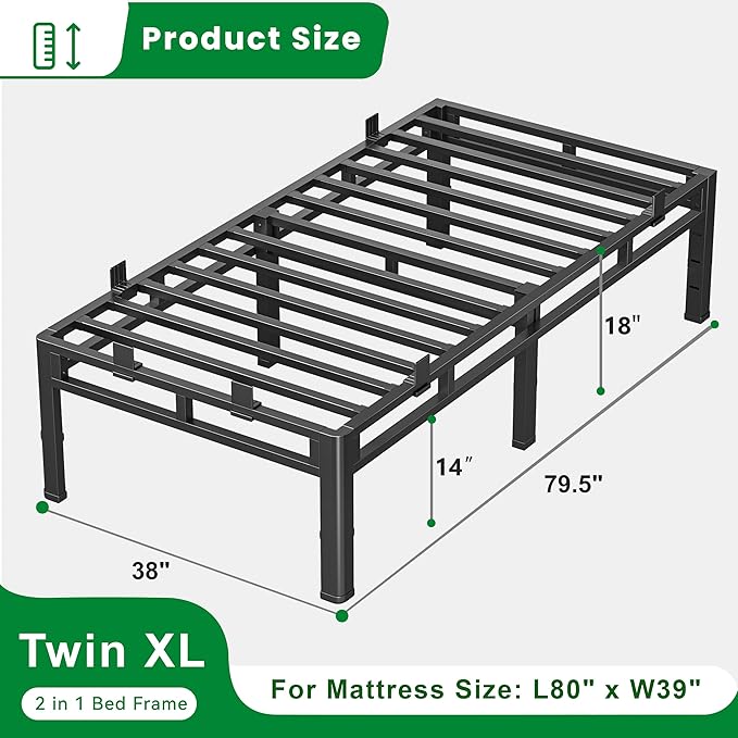 ROIL 18 Inch Twin XL Bed Frame, Double Layer Metal Bed Frame with Round Corner Legs, 4000LBS Bed Frame & Box Spring 2 in 1 Platform with Headboard Holes Mattress Baffles, Noise-Free Easy Assembly