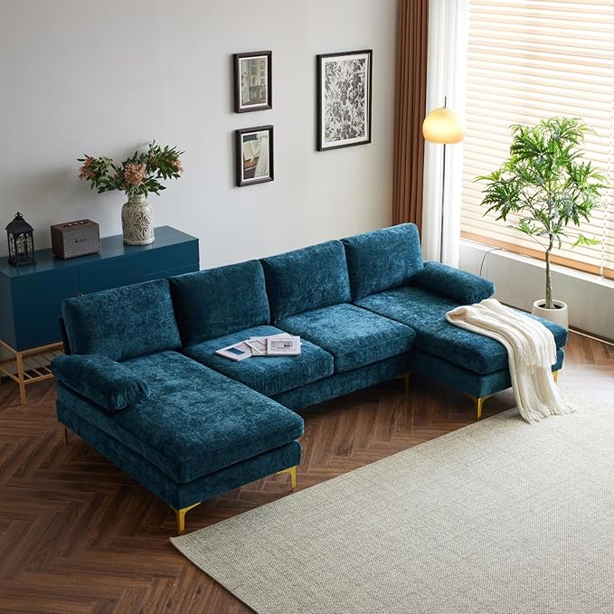 Karl home Convertible Sectional Sofa 110" U-Shape Sofa Couch 4-Seat Couch with Chaise ChenilleFabric Upholstered for Living Room, Apartment, Office, Peacock Blue
