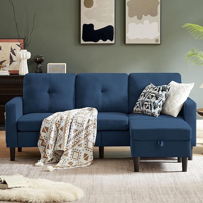 79" Convertible Sectional Sofa, Small L Shaped 3 Seat Couch with Storage Chaise and Side Pocket, Modern Linen Fabric Reversible Sofa Couches for Living Room, Apartment and Small Space