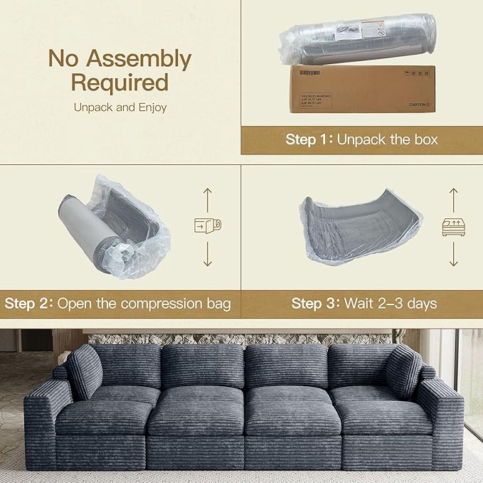 Boneless Modular Sectional Sleeper Sofa Bed Plush Corduroy Cloud Sectional Couches for Living Room with Deep Seat. Grey Couch.