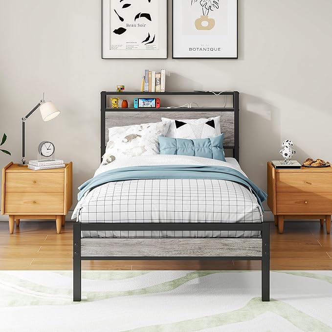 BOFENG Twin Bed Frame with Wood Storage Headboard/USB Charging Station,Heavy Duty Metal Single Platform Bed Frames No Box Spring Needed,Heavy Duty Metal Slats,Noise Free,Greige