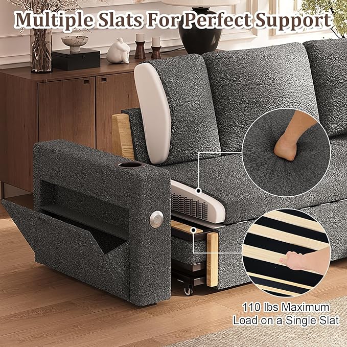 Sleeper Sofa Bed, 4-in-1 Pull Out Couch with Reversible Chaise | Dual USB & Type-C Charging | Dual Cup Holders | Layered Storage (Armrest + Chaise) for Living Room, Apartment, Home Office (Dark Gray)