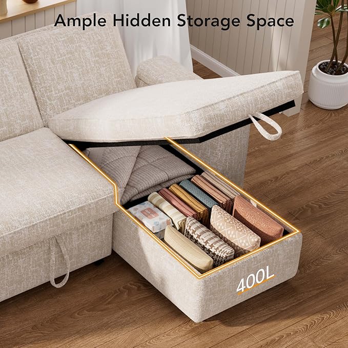Vipbear Sleeper Sofa Bed, 82" Pull Out Couch with Reclining Backrest/Reversible Storage Chaise, 3 in 1 L-Shaped Couch with Armrest Storage | Cup Holder | Side Pocket | Tool-Free Assembly | Beige