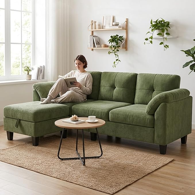 WEUP 79" Convertible Sectional Couch with Storage Ottoman, L Shaped Small Sofa, 4 Seat Couches for Living Room, Apartment, Small Space, Green