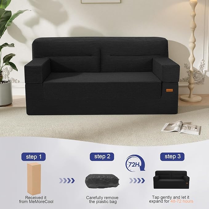 MeMoreCool Boneless Couch Convertible Sofa Bed Queen, Corduroy Futon Couch Sleeper Sofa, Boneless Loveseat Pull Out Couch Bed, Fold Out Floor Sofa for Living Room Bedroom Apartment, Black