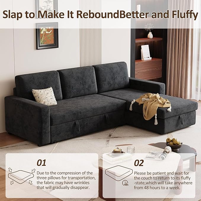 81.5" Convertible L Shaped Sleeper Sofa, 3-Seat Pull Out Sectional Couch with Storage Chaise & Removable Cushions, Chenille Fabric for Small Living Room Apartment, Dark Gray