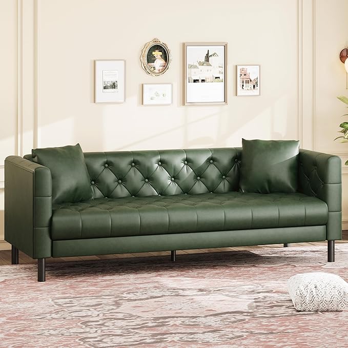 GarveeHome 81 in Leather Couch for Living Room, Modern Sofa Couch with Deep Seat and 2 Pillows, Handmade Button Tufted 3 Seater Sofa, Leather Sofa for Apartment, Office, Green
